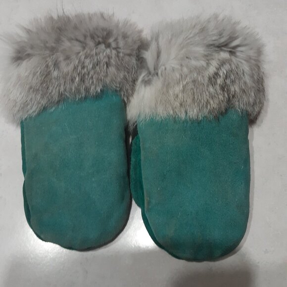 Children's Leather and Real Fur mittens - green leather - Picture 1 of 11
